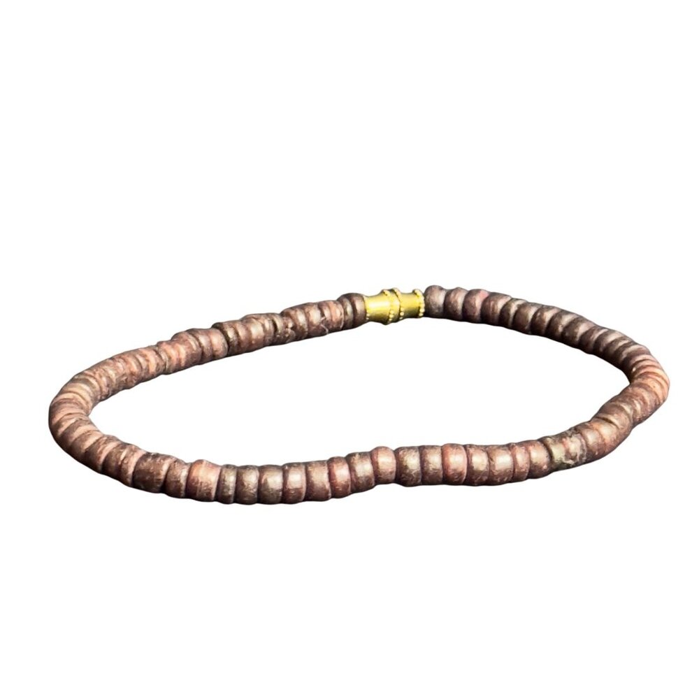 Handmade Wooden Beaded Bracelet Gold-Tone Screw-in Clasp Rustic Design 7 Inches